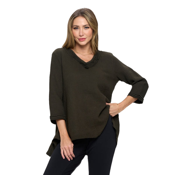 Focus V-Neck Waffle Tunic in Military - FW140-MLT - Size S Only