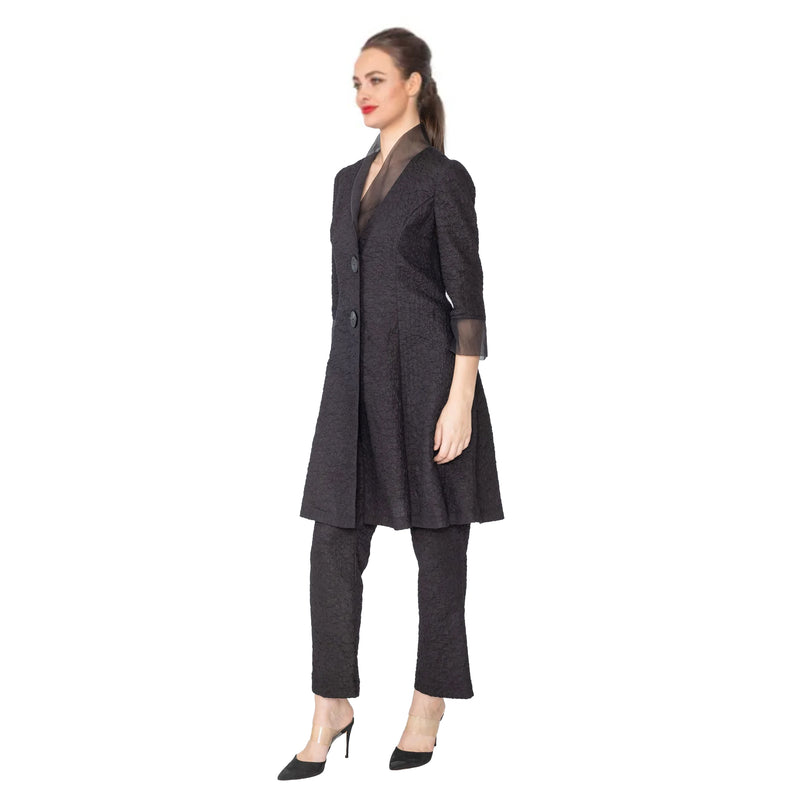 IC Collection Organza Trimmed Long Jacket in Black - 4377J-BK - Size S Only
