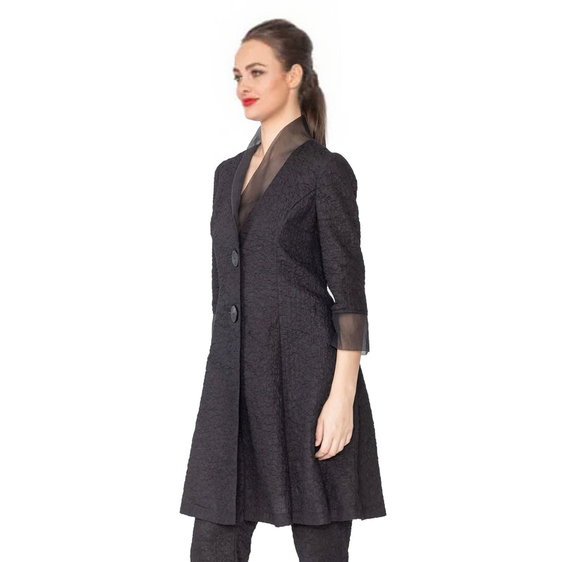IC Collection Organza Trimmed Long Jacket in Black - 4377J-BK - Size S Only