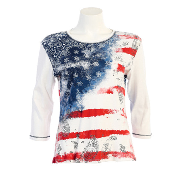 "Vintage Flag" Cotton Top in Red, White & Blue- 14-755 - Size 1X Only