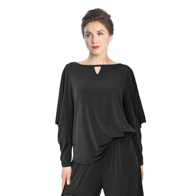 IC Collection Asymmetric Draped Sleeve Top in Black - 5563T-BK - Sizes XL & XXL Only