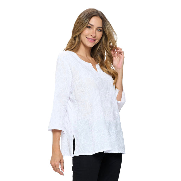 Focus Floral Embroidered Voile Top in White - EC-420-WHT