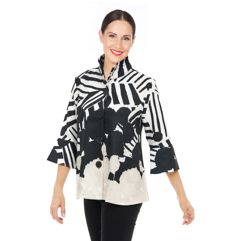 Damee Abstract Button Front  Jacket in Black, Sand & White - 4795 - Sizes S & M Only!