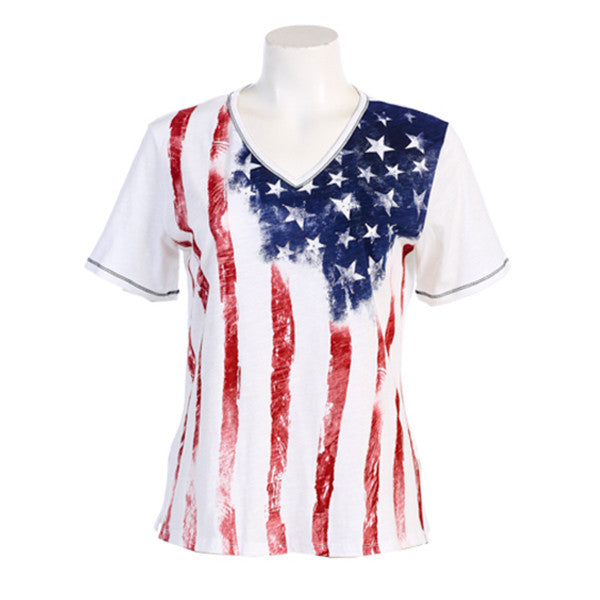 Jess & Jane "Old Glory" V-Neck Cotton Top in Red, White & Blue - 15-630-SS - Size S