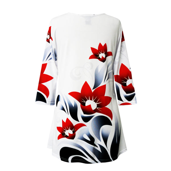 Valentina "Red Flower" V-Neck Print Tunic - 25568-TU - Sizes S - L