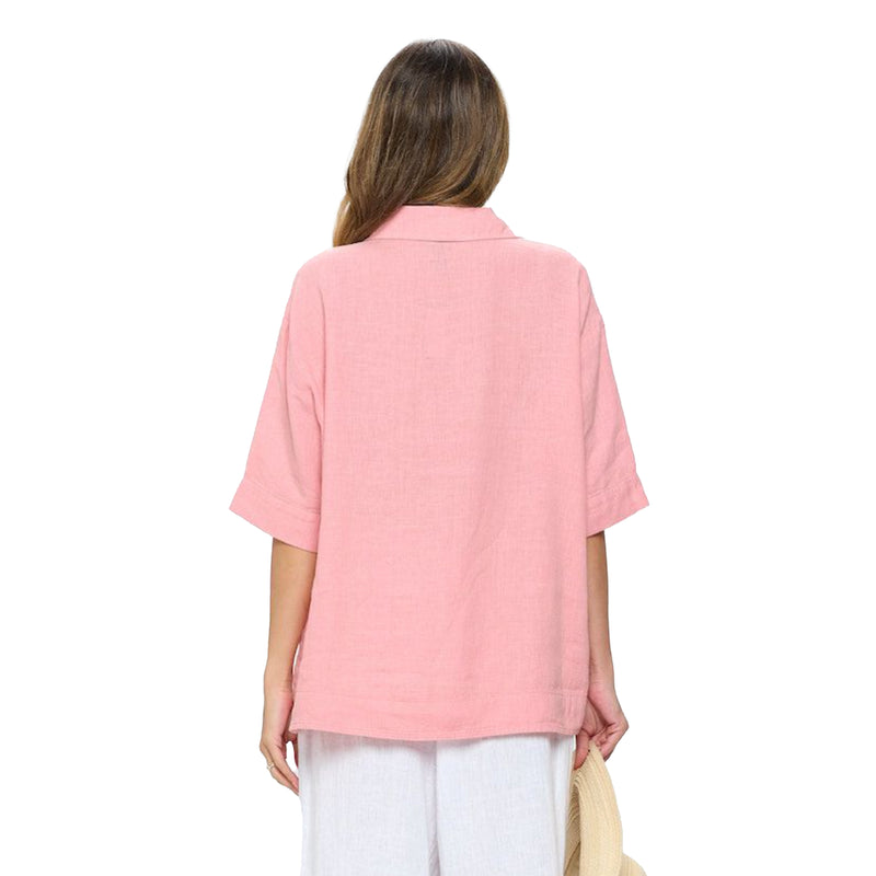 Focus Floral Collared V-Neck Linen Tunic Top in Pink Rose - L-657-PKR
