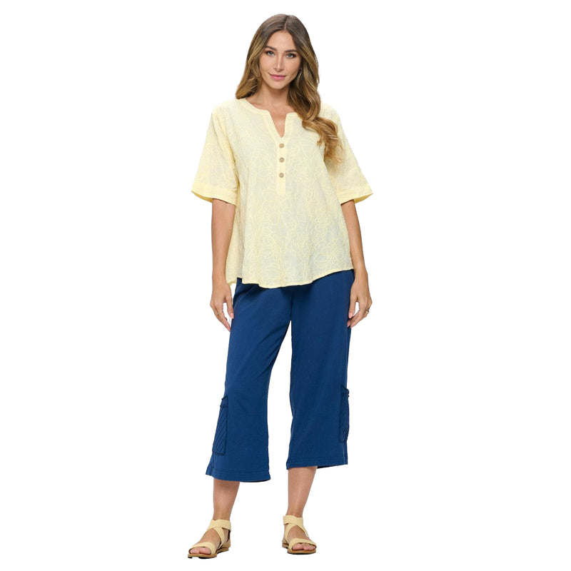 Focus Embroidered V-Neck Short Sleeve Top in Yellow - EC421-YW