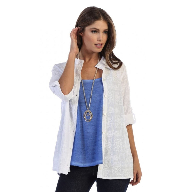 Focus Embroidered Cotton Voile Button Front Shirt in White - C737-WHT