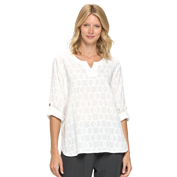 Focus Cotton Voile Top W/ Circles Embroidery in White - EC-301-WT