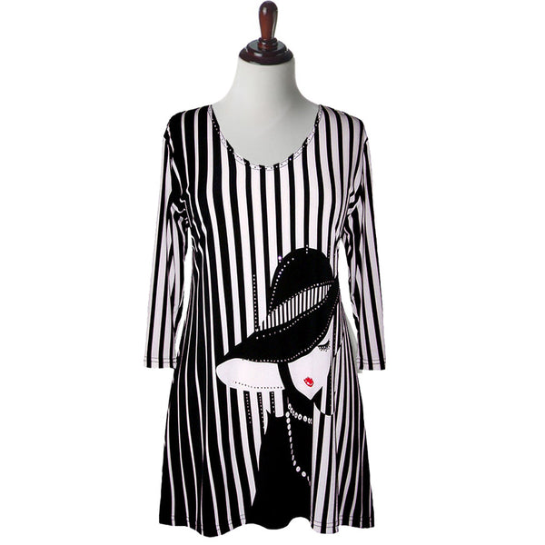 Valentina Signa "Pearls" Striped V-Neck Tunic in Black & White - 12051