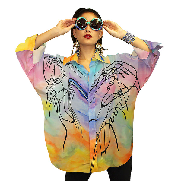 Dilemma Picasso Inspired Silky Big Shirt in Multi  - FRBS-316-PI