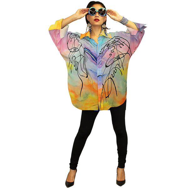 Dilemma Picasso Inspired Silky Big Shirt in Multi  - FRBS-316-PI