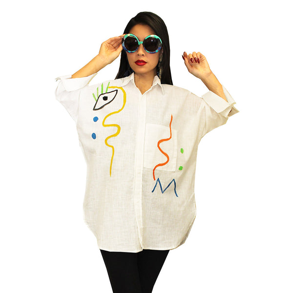 Dilemma ABSTRACT COTTON BIG SHIRT IN MULTI ON WHITE - GDB-575-PI