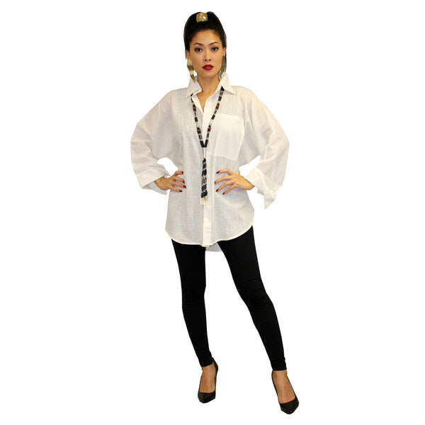 Dilemma Fashions Solid Button Front Big Shirt in White - GDB-527-WHT