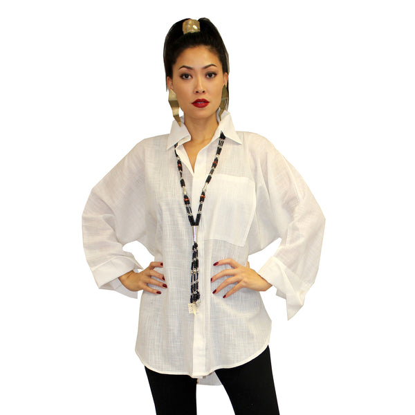 Dilemma Fashions Solid Button Front Big Shirt in White - GDB-527-WHT