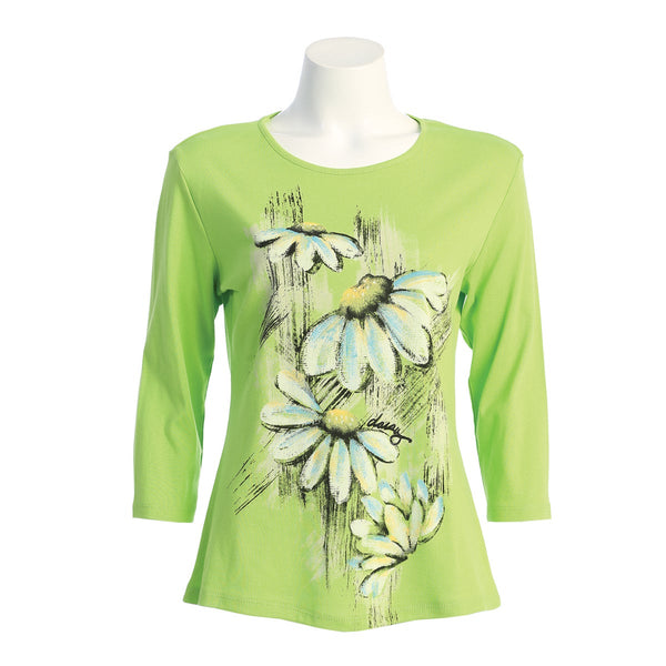 Jess & Jane "Lucy" Daisy Print Top in Lime - 14-1454 - Sizes S & 1X Only