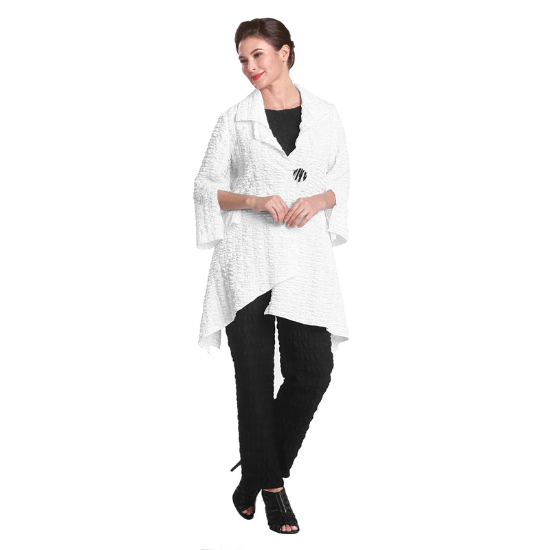 IC Collection Pucker Knit Long Asymmetric Jacket in White - 2324J-WHT - Size M Only