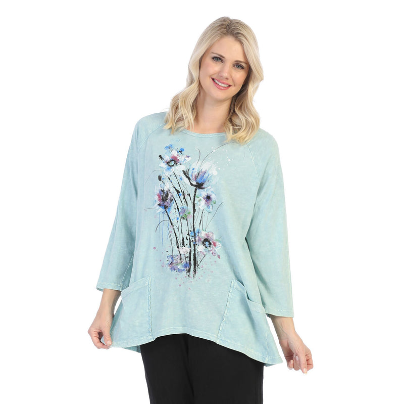 Jess & Jane "Felicity" Floral Mineral Washed Tunic Top in Mint - M12-1452