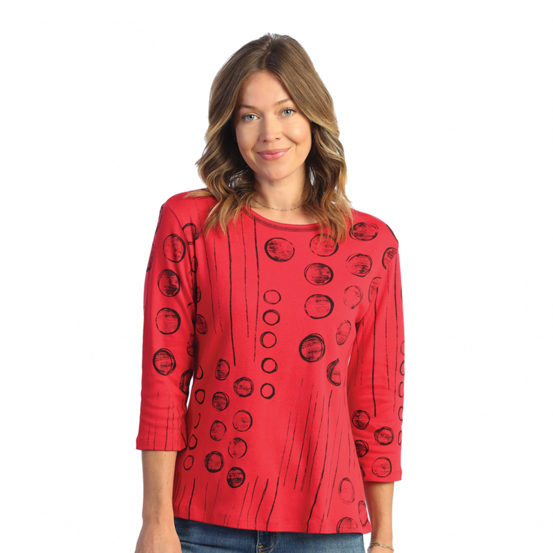 Jess & Jane "Dot N Line" Abstract Print Cotton Top in Red - 14-1692 - Size 1X