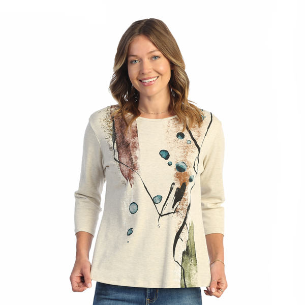 Jess & Jane "Tango" Abstract Print Cotton Top in Oatmeal - 14-1664 - Sizes 1X & 2X