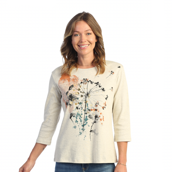 Jess & Jane "Whimsical" Abstract Print Cotton Top in Oatmeal - 14-1632 - Size 2X