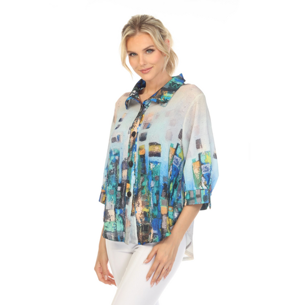 Damee Abstract Block Print Shirt in Blue Multi - 7092-BLU - Size L Only!