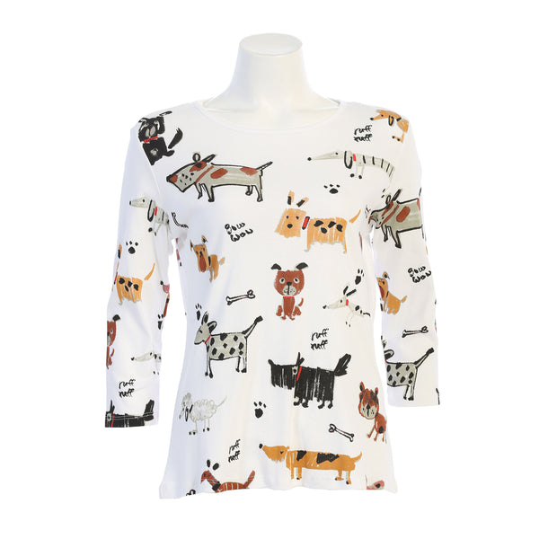 Jess & Jane "Critters" Dog Lovers Print Cotton Top in White - 14-1442-WT