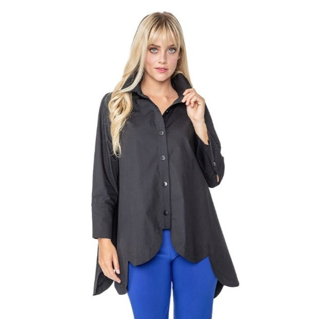 IC Collection Scalloped Cotton Blouse in Black - 2585B-BK