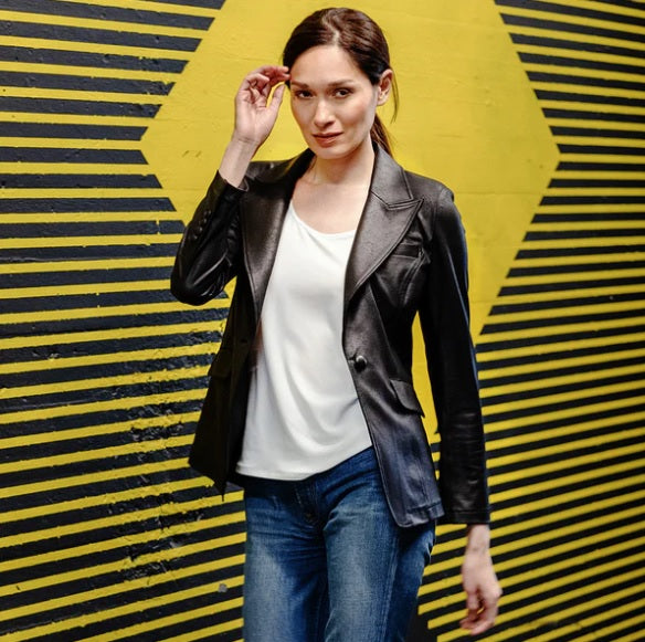 Clara Sunwoo Tailored Liquid Leather Blazer in Black - JK124-BK