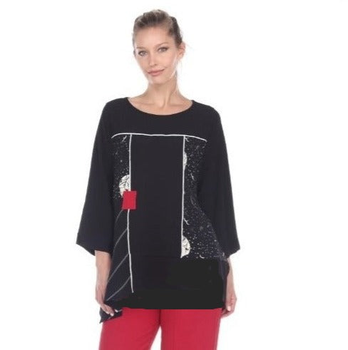 Moonlight Tunic w/Circles & Striped Trim in Black/Red/White - 2890