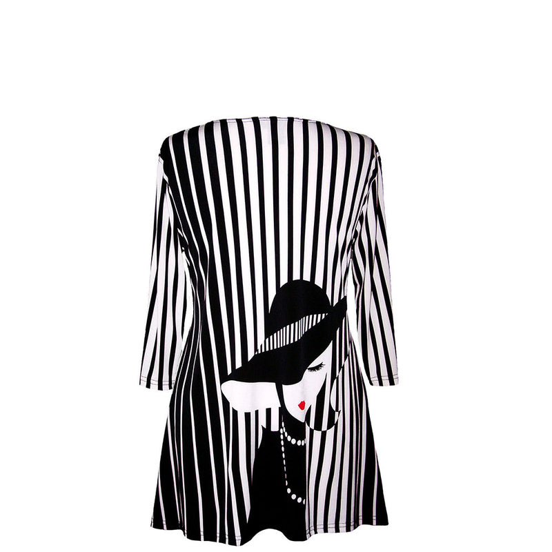 Valentina Signa "Pearls" Striped V-Neck Tunic in Black & White - 12051