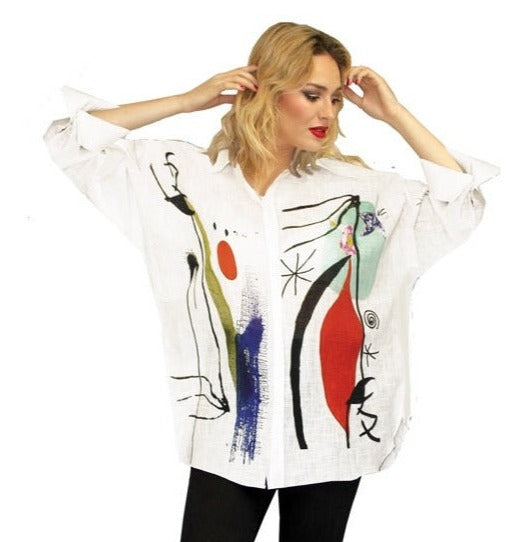 Dilemma Fashions Miro Shirt in Multi on White - FCBS-149-MI