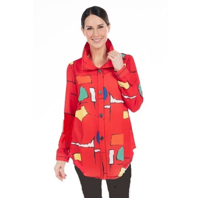 Damee Pop Art Print Long Shirt in Red Multi - 7081-RD - Size S Only - Final Sale!