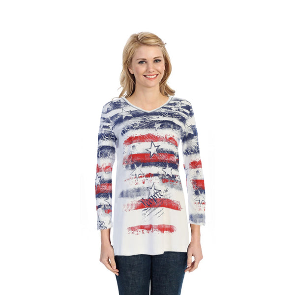 "Freedom Ring" Stars & Stripes V-Neck Top Cotton Top - 15-1358WT - Size 3X - Final Sale!