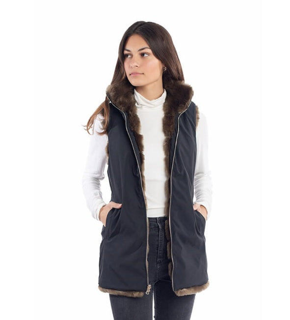 Faux-Fur Reversible Zip-Front Long Vest in Mocha Mink -14624