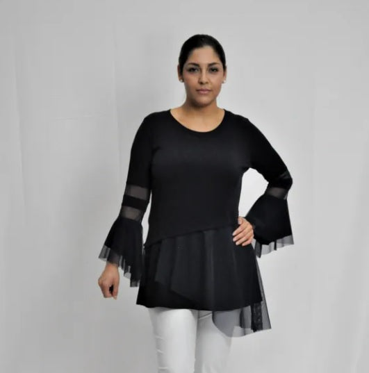 IC Collection Mesh Trim Fit & Flare Tunic in Black - 3891T- BLK - Final Sale!