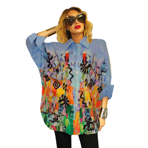 Dilemma Matisse Inspired Cotton Big Shirt in Blue/Multi - FCBS-139-MA