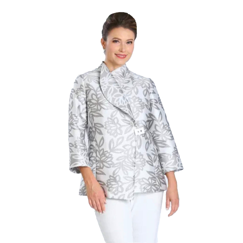 IC Collection Two-Tone Floral Jacquard Jacket in Silver- 2899J-GRY - Size L Only