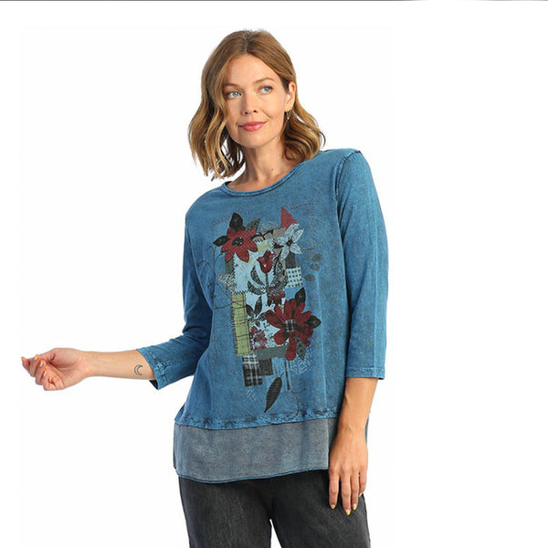 Jess & Jane "Patches" Floral Print Mineral Washed Tunic Top - M48-1629 - Sizes S, L & XL