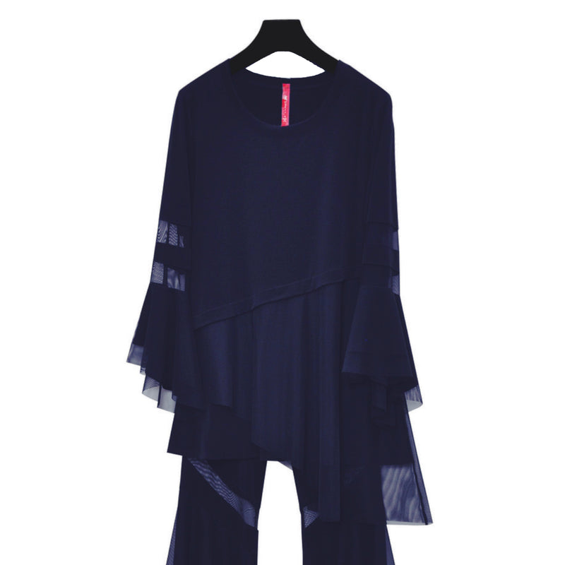 IC Collection Mesh Trim Tunic w/ Bell Sleeves in Navy - 3891T-NVY - Final Sale!