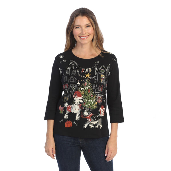 Jess & Jane "Holiday Tails" Abstract Top in Black - 14-1552BK