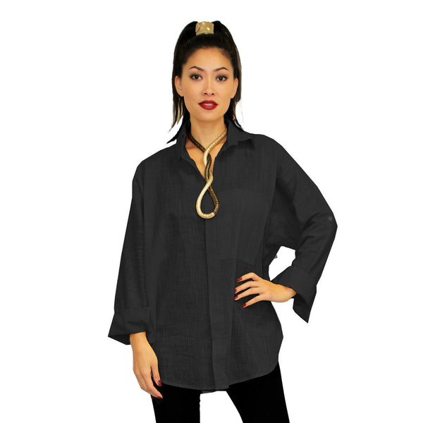 Dilemma Fashions Solid Button Front Big Shirt in Black - GDB-527-BLK