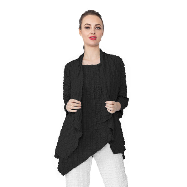 IC Collection Pucker Knit Drape-Front Cardigan in Black - 4297J-BK - Size L Only