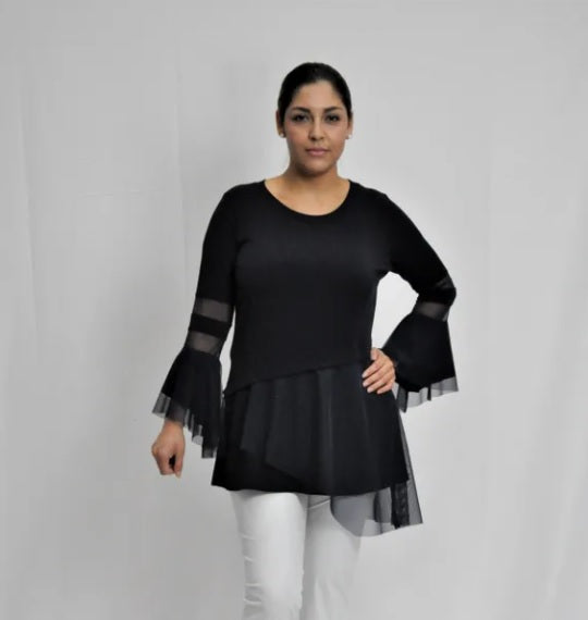 IC Collection Mesh Trim Fit & Flare Tunic in Black - 3891T- BLK - Final Sale!