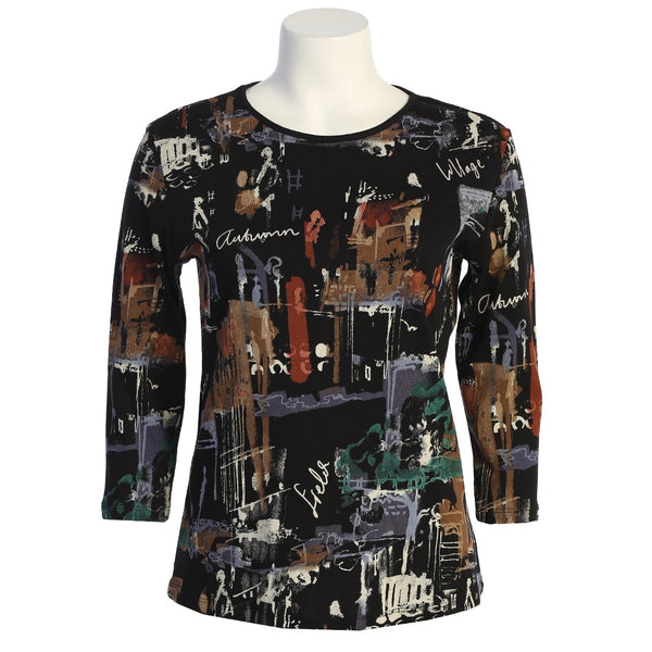 Jess & Jane "Paseo" Abstract Print Cotton Top in Black Multi - 14-1750