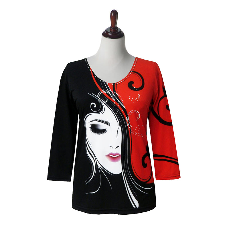 Valentina "Dazzling" V-Neck Print Top in Black/Red - 20035-1