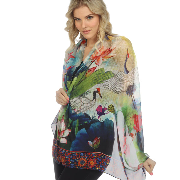 Citron White Crane Silk Scarf in  Multicolor - ScarfWCF