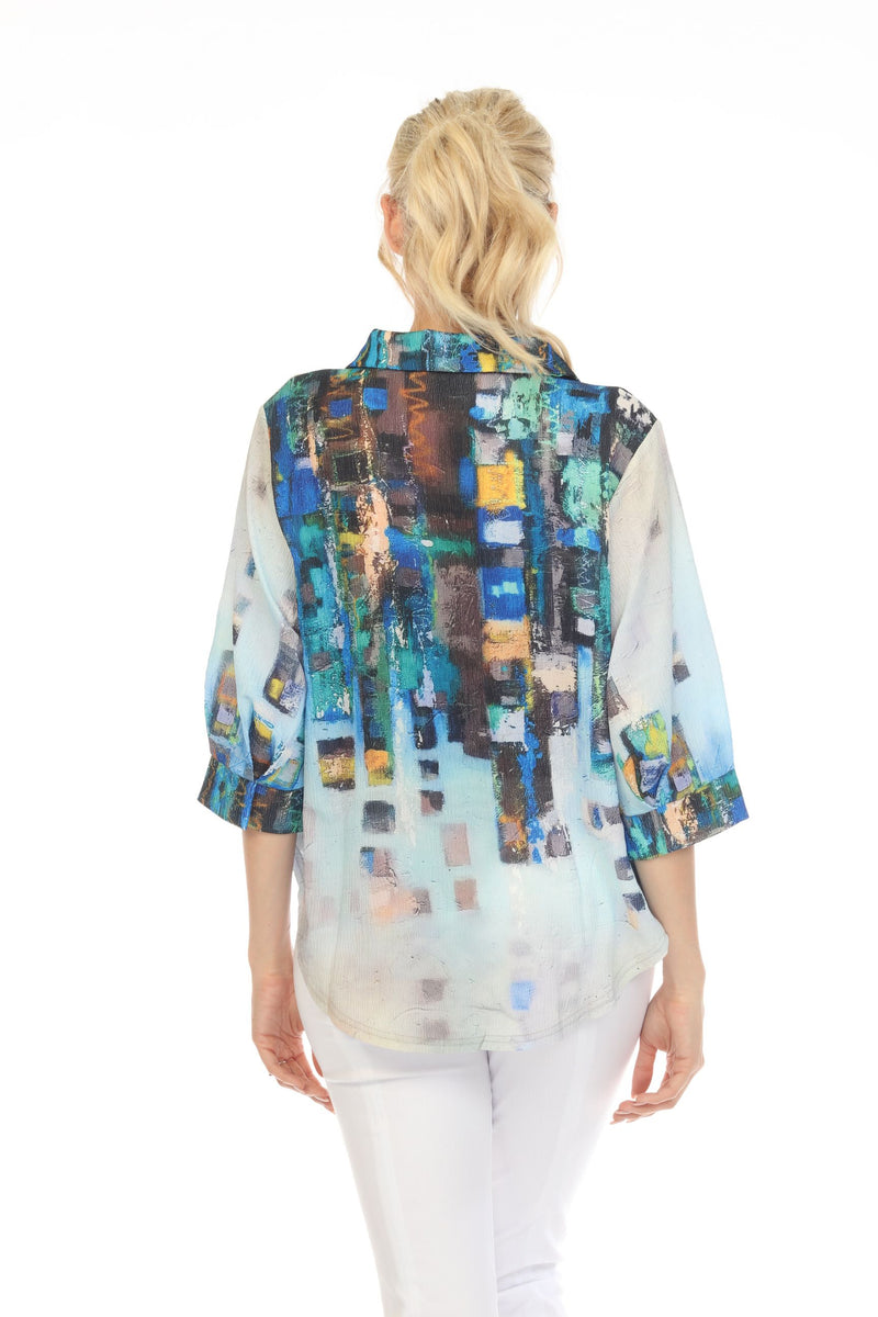 Damee Abstract-Print Short Shirt in Blue - 7092-BLU - Size L Only!