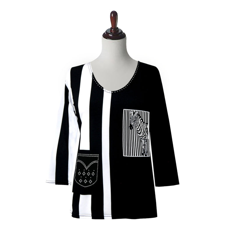 Valentina  Zebra Stripe V-Neck Top in Black & White - 24711